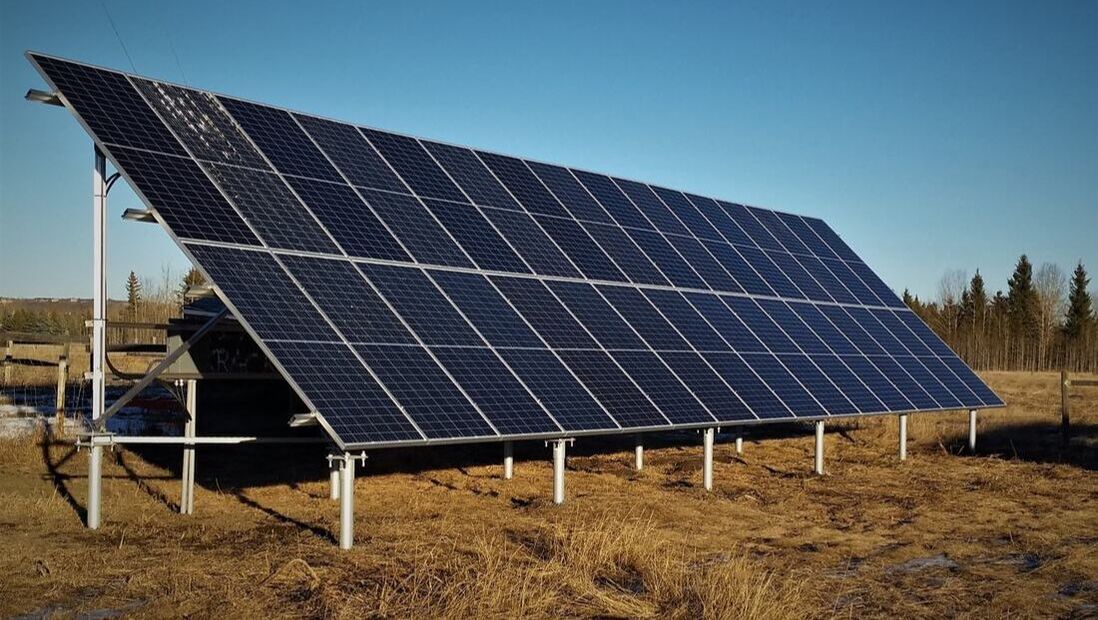Photovoltaic (PV) array, comprising 32 450 W panels, mounted on a ground mount in Alberta, Canada.